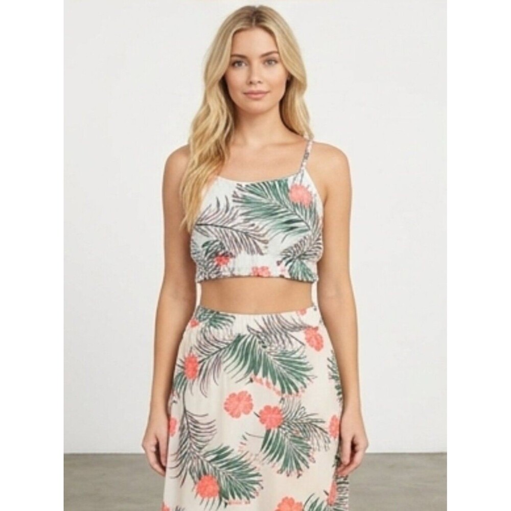 SheIn Curve White Tropical Palm & Floral Two-Piece Skirt Set - Size 1XL